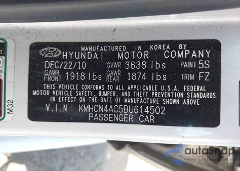 2011 Hyundai Accent Gls z USA, uszkodzony, nr VIN KMHCN4AC5BU614502